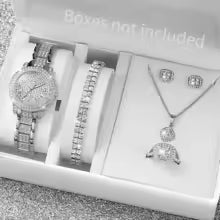 6PCS Fashion Full Diamond Women's Watch Gold Steel Band Analog Quartz Watches Jewelry Set(Without Box)