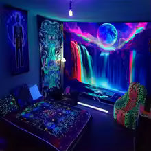 1PC Colorful Waterfall UV Response tapestry, Moon Night Sky Natural Landscape Black Light Home Decoration tapestry