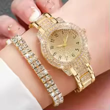 6PCS Fashion Full Diamond Women's Watch Gold Steel Band Analog Quartz Watches Jewelry Set（Without Box）